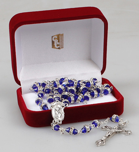 Glass Rosary/Blue with Crystal Ring