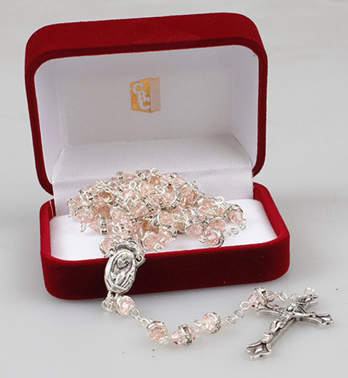 Glass Rosary/Pink with Crystal Ring