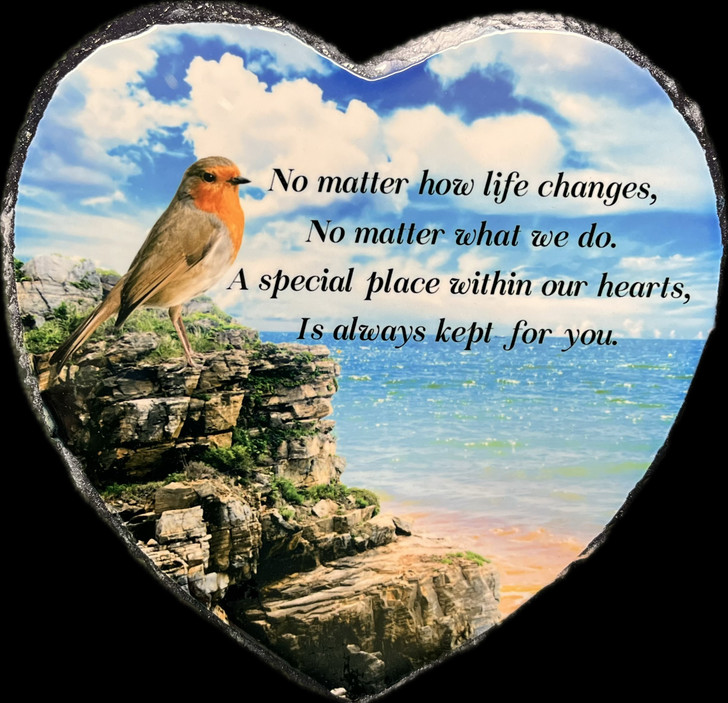Medium Heart Slate Plaque With Robin Image & Saying