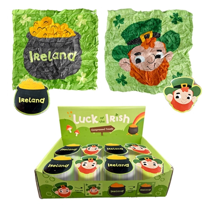 Lucky of the Irish Leprechaun & Shamrock Compressed Travel Towel
