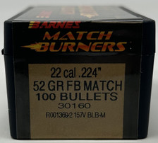Barnes 22 Cal (.224 Dia) Reloading Bullets Match Burner B30160 52 Grain Flat Base Hollow Point 100 Pieces