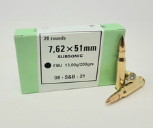 Sellier & Bellot 7.62x51mm Ammunition SB762SUBB Subsonic 200 Grain Full Metal Jacket 20 Rounds