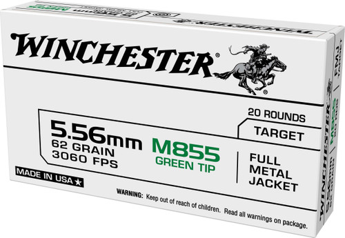 Winchester 5.56x45mm NATO M855 Ammunition USA855K 62 Grain Full Metal Jacket Green Tip 20 Rounds