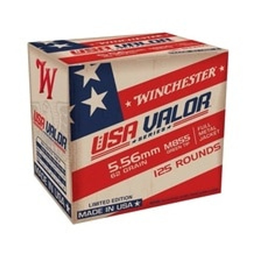 Winchester USA Valor Series 5.56x45mm M855 Ammunition USA855125 62 Grain Full Metal Jacket Green Tip 125 Rounds