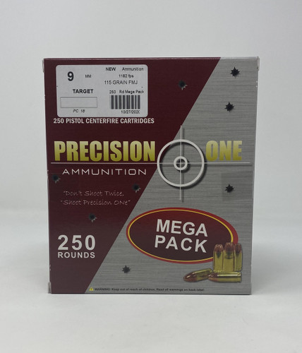 Precision One 9mm Luger Ammunition PONE18 115 Grain Full Metal Jacket 250 Rounds