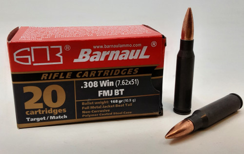 Barnaul 308 Win Ammunition BARN308WIN168FMJ 168 Grain Full Metal Jacket Boat Tail 20 Rounds
