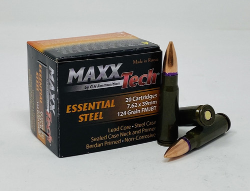 MaxxTech Essential Steel 7.62x39 mm Ammunition MTES762 124 Grain Full Metal Jacket 20 Rounds