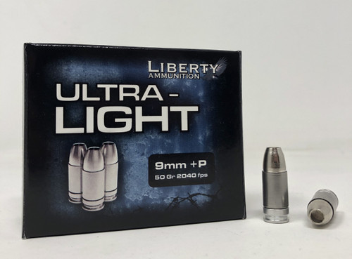 Liberty 9mm +P Ultra Light Ammunition LAUL9052 50 Grain Fragmenting  Hollow Point 20 Rounds