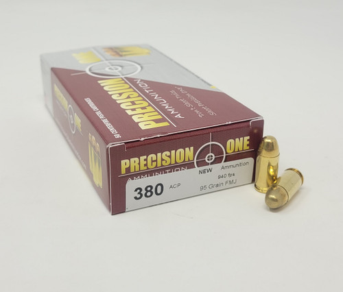 Precision One 380 Auto Ammunition PONE1306 95 Grain Full Metal Jacket 50 Rounds