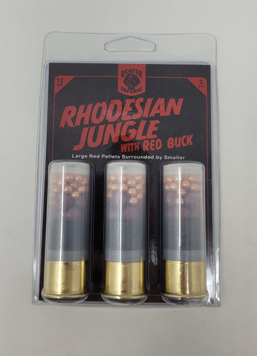 Reaper Defense Rhodesian Jungle Red 12 Gauge Ammunition RDG1260 2-3/4" With Large Red Pellets Surrounded By Smaller Red Pellets 3 Rounds