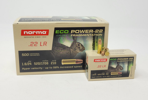 Norma Eco Power 22 LR Ammunition NORM22LRECOP 24 Grain Hyper Speed Lead Free Copper Plated Fragmenting Hollow Point 50 Rounds