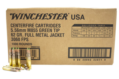 Winchester 5.56x45mm NATO M855 Ammunition WM8551000 62 Grain Full Metal Jacket Green Tip CASE 1000 Rounds