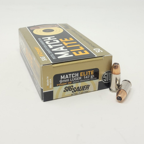 Sig Sauer Match Elite 9mm Ammunition E9MMA3COMP50 147 Grain V-Crown Jacketed Hollow Point 50 Rounds