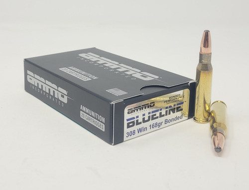 Ammo Inc 308 Win Ammunition Blueline AI308168BNDA20 168 Grain Bonded Soft Point 20 Rounds