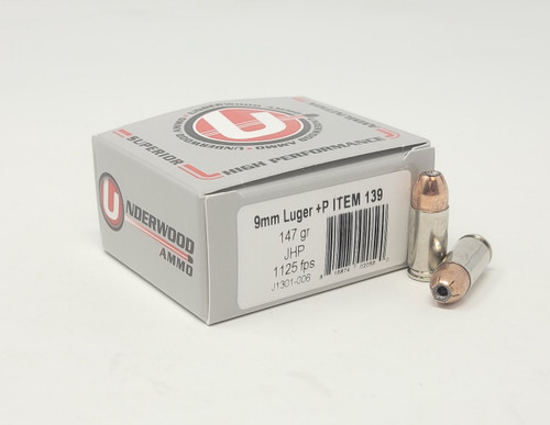Underwood 9mm Luger +P Ammunition UW139 147 Grain Jacketed Hollow Point 20 Rounds