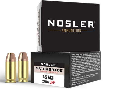 Nosler 45 ACP Match Grade Ammunition NOS51277 230 Grain Jacketed Hollow Point 20 Rounds