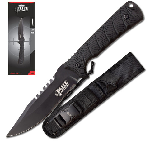 Elite Tactical Backdraft Fixed Serrated Knife ETFIX005BKSCS Black