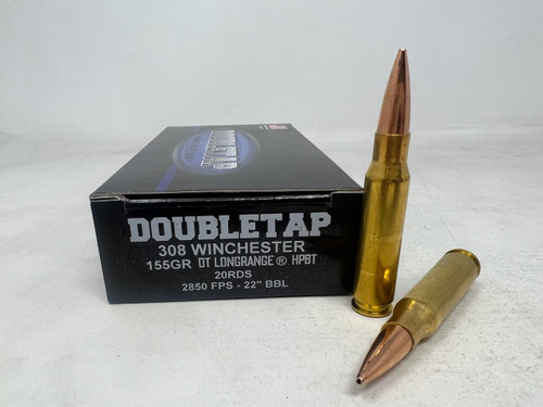 DoubleTap 308 Winchester Ammunition DT308WIN155LRHPBT 155 Grain Longrange Hollow Point Boat Tail 20 Rounds
