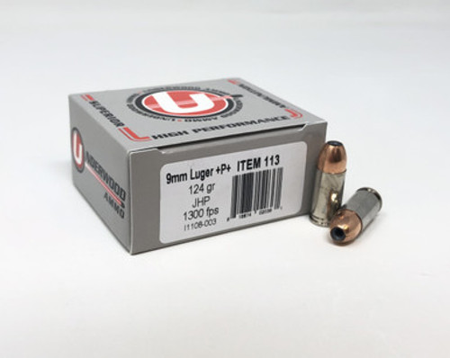 Underwood 9mm Luger +P+ Ammunition 124 Grain Jacketed Hollow Point UW113 20 Rounds