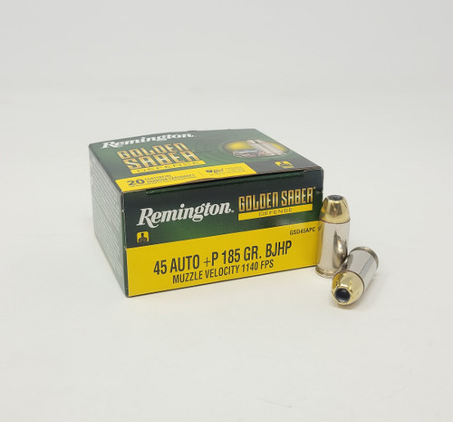 Remington 45 Auto +P Ammunition Golden Saber Defense GSD45APC 185 Grain Brass Jacketed Hollow Point 20 Rounds