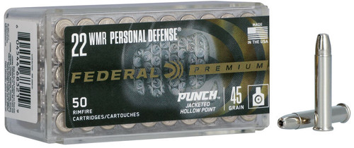 Federal 22 WMR Ammunition Punch Personal Defense PD22WMR1 45 Grain Jacketed Hollow Point 50 Rounds