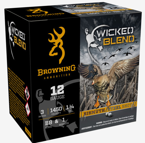 Browning 12 Gauge Ammunition Wicked Blend B193431230 3" Steel BB & #1 Bismuth Shot 1-1/4oz 1450fps 25 Rounds