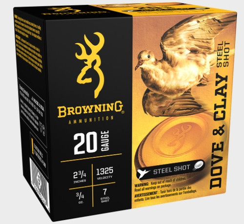 Browning 20 Gauge Ammunition Steel Dove & Clay B193832027 2-3/4" #7 Steel Shot 3/4oz 1325fps 25 Rounds
