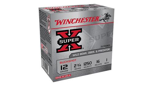 Winchester 12 Gauge Ammunition Super-X XB121VP25 2-3/4" #1 Buckshot 16 Pellet 1250fps Value Pack 25 Rounds