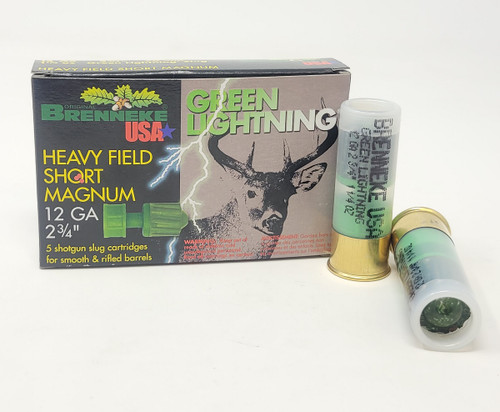 Brenneke USA 12 Gauge Ammunition Heavy Field Short Magnum Green Lightning SL122HFSGL 2-3/4" Slug 1-1/4oz 1476fps 5 Rounds