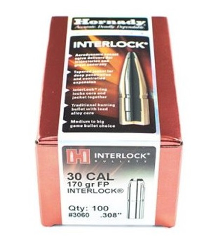 Hornady 30 Cal (.308 Dia) Reloading Bullets Interlock H3060 170 Grain Flat Soft Point 100 Pieces