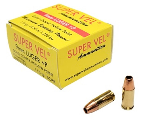 Super Vel 9mm +P Ammunition SVEL9SCHP20 115 Grain Solid Copper Hollow Point 20 Rounds