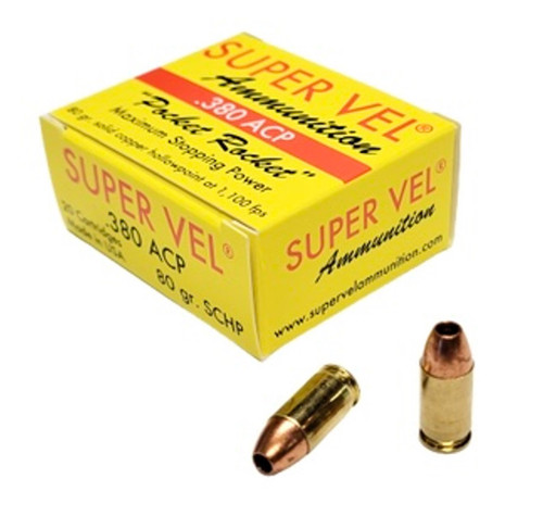 Super Vel 380 Auto Ammunition SVEL380PRSCHP20 80 Grain Solid Copper Hollow Point 20 Rounds