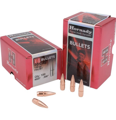 Hornady 30 Cal (.308 Dia ) Reloading Bullets H3037 150 Grain Full Metal Jacket Boat Tail 100 Pieces