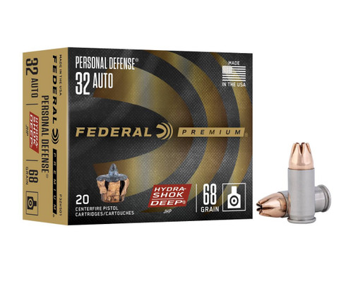 Federal Premium 32 Auto Ammunition Personal Defense P32HSD1 68 Grain Hydra Shok Deep Jacketed Hollow Point 20 Rounds