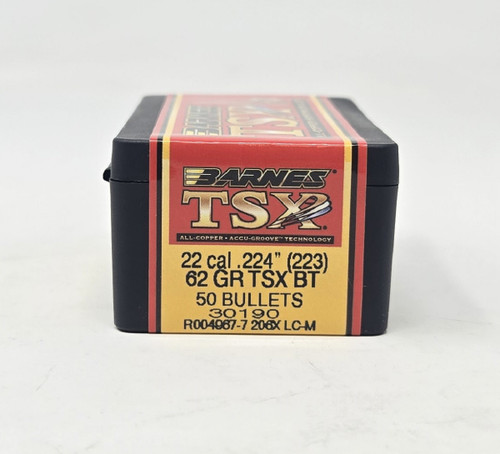 Barnes 22 Cal (.224 Dia) Reloading Bullets Copper TSX B30190 62 Grain Boat Tail Hollow Point 50 Pieces