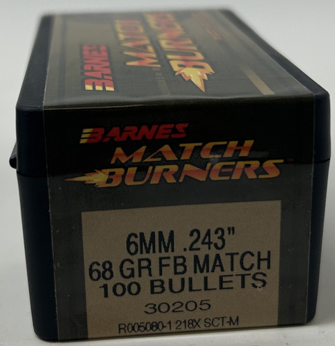 Barnes 6mm (.243 Dia) Reloading Bullets Match Burner B30205 68 Grain Flat Base Hollow Point 100 Pieces