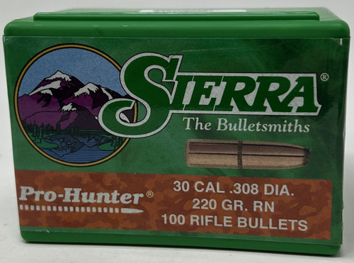 Sierra 30 Cal (.308 Dia) Reloading Bullets Pro Hunter SRAA2180 220 Grain Round Nose Jacketed Soft Point 100 Pieces