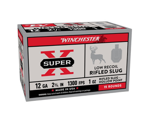 Winchester 12 Gauge Ammunition Super-X Low Recoil X12RS15VPR 2-3/4" Rifled Slug 1oz 1300fps 15 Rounds