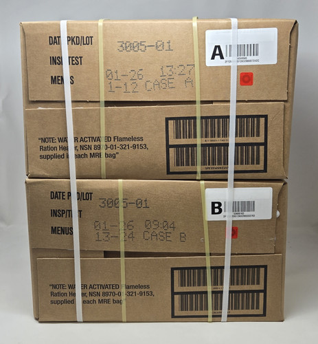 Sopakco 12ct US Military Surplus MRE Meals Ready to Eat 2026 Inspect A Case Menus 1-24 Pallet 48 Cases