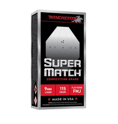 Winchester 9mm Ammunition Super Match SM9FN115 115 Grain Flat Nose Full Metal Jacket 50 Rounds