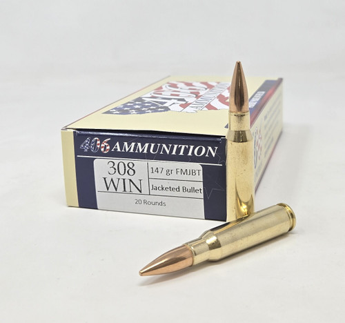 406 Ammunition 308 Win Ammunition 308147FMJBT20 147 Full Metal Jacket Boat Tail 20 Rounds