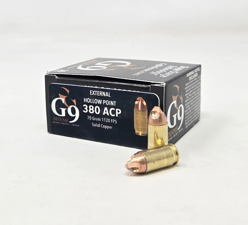 G9 Defense 380 ACP Ammunition E-380ACP-70A 70 Grain Solid Copper External Hollow Point 20 Rounds