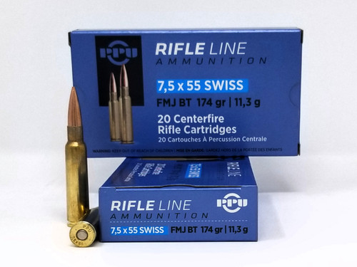 Prvi 7.5x55 Swiss Ammunition PP7SF 174 Grain Full Metal Jacket 20 Rounds