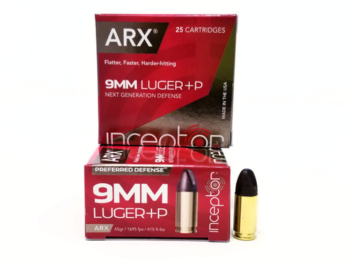 Inceptor 9mm +P Ammunition 9ARXBRLUGP-65-25 65 Grain ARX Copper Polymer 25 Rounds