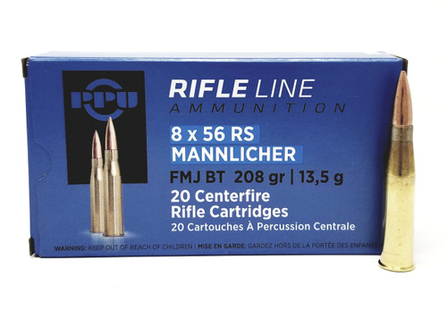 Prvi PPU 8x56mm Rimmed Hungarian (RS Manlicher) Ammunition PP856F 208 Grain Full Metal Jacket 20 Rounds