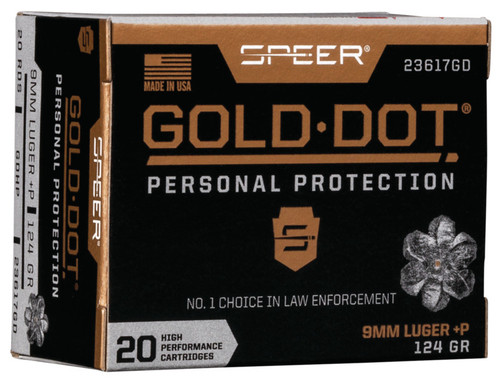 CCI 9mm +P Ammunition Speer Gold Dot 23617GD 124 Grain Gold Dot Hollow Point 20 Rounds