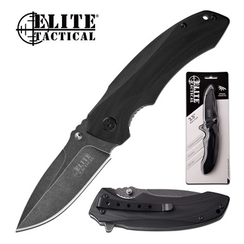 Elite Tactical Stonewash Drop Point Blade Spring Assisted Knife ETA1010