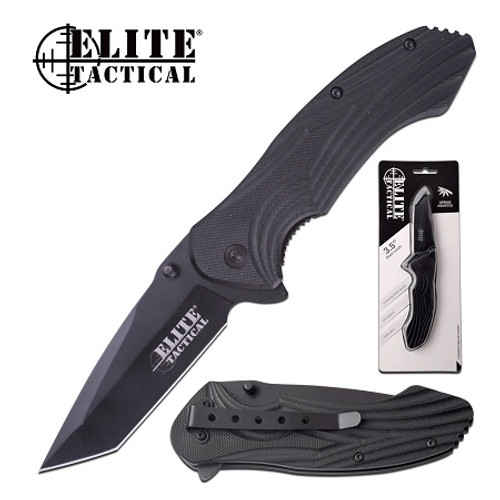 Elite Tactical Black Straight Edge Tanto Blade Spring Assisted Knife ETA1011