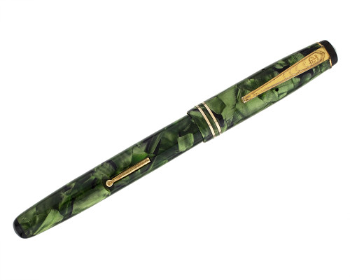 De La Rue Lever Filler Fountain Pen - Green Marble, 14kt Fine Nib (2026-0617-33)