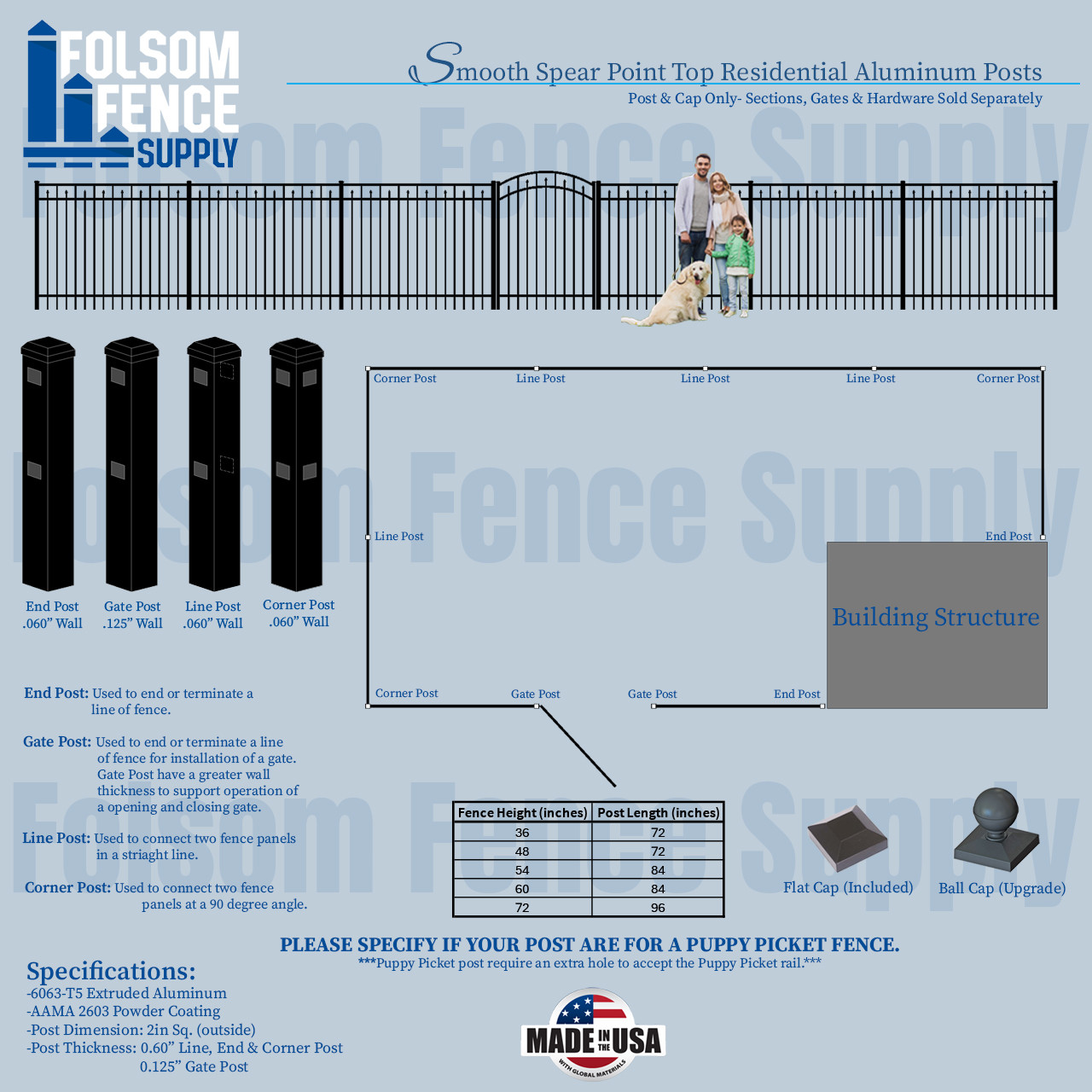 Smooth Spear Point Top Residential Aluminum Posts